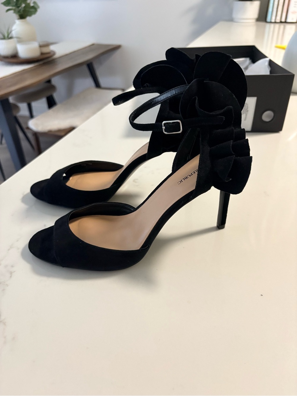 Banana Republic Black Suede Ankle-Strap Heels with Ruffle Detail